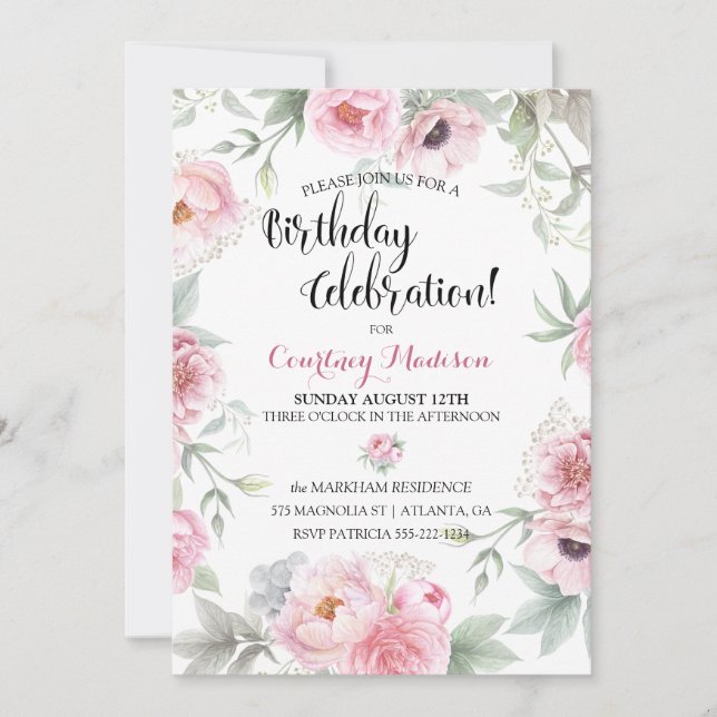 Invitation Aquarelle Anniversaire Roses roses roses Fleurs (Devant)