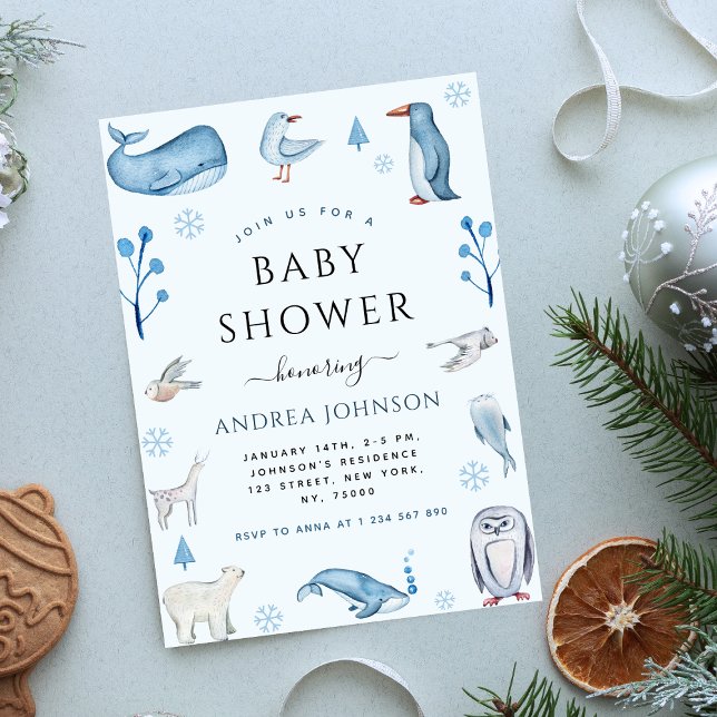 Invitation Aquarelle Antarctique Animaux Baby shower d'hiver (Créateur téléchargé)