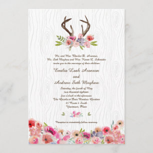Invitation Aquarelle Antlers Fleurs sauvages Faux Bois Mariag
