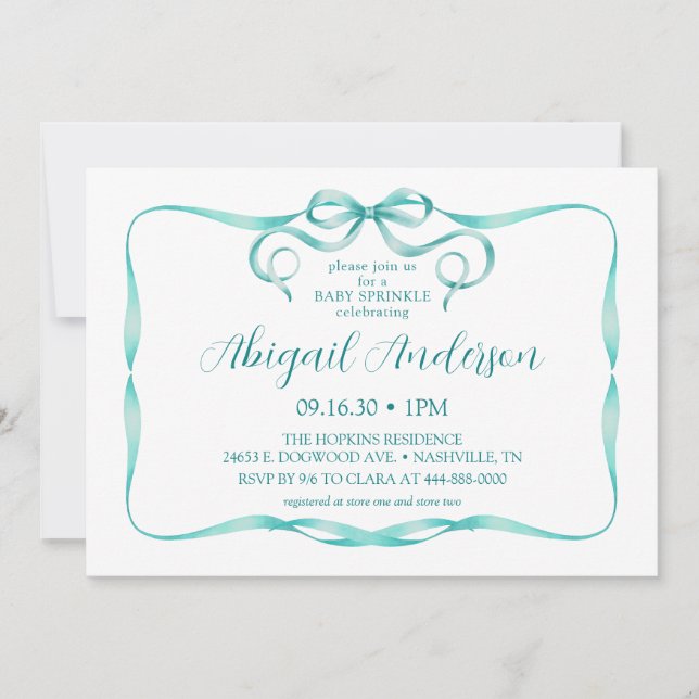Invitation Aquarelle Aqua Ribbon Bébé Sprinkel (Devant)