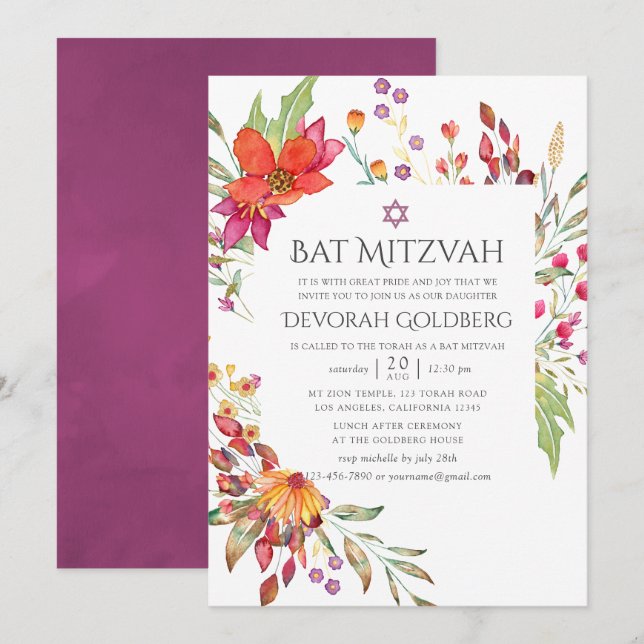 Invitation Aquarelle Aquarelle Fleur sauvage Bat mitzvah (Devant / Derrière)