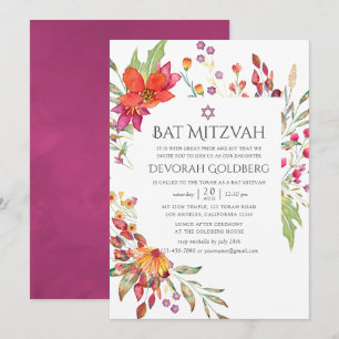 Invitation Aquarelle Aquarelle Fleur sauvage Bat mitzvah