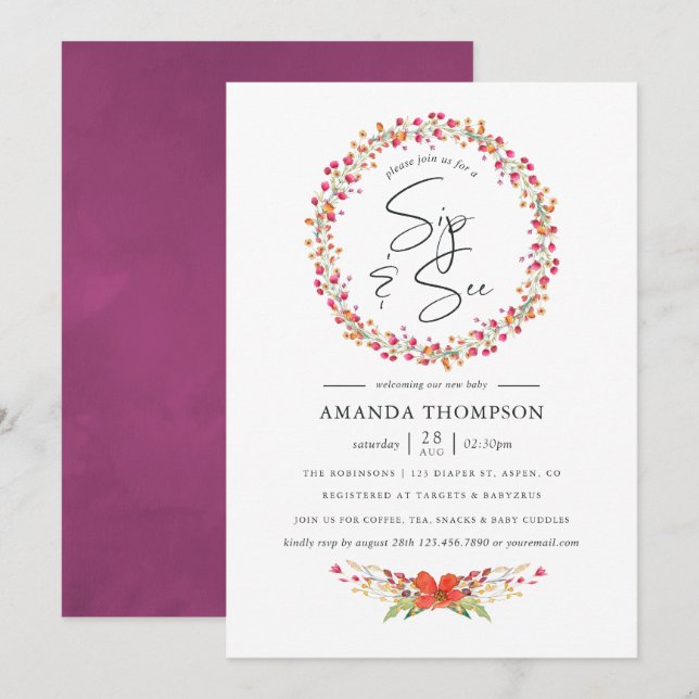Invitation Aquarelle Aquarelle Wild Flower Sip Voir (Devant / Derrière)
