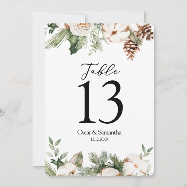 Invitation Aquarelle Arbre de pin vert d'hiver et fleurs blan (Devant)