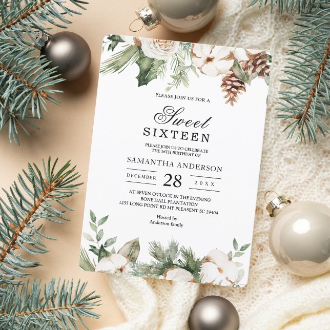 Invitation Aquarelle Arbre de pin vert d'hiver et fleurs blan (Créateur téléchargé)