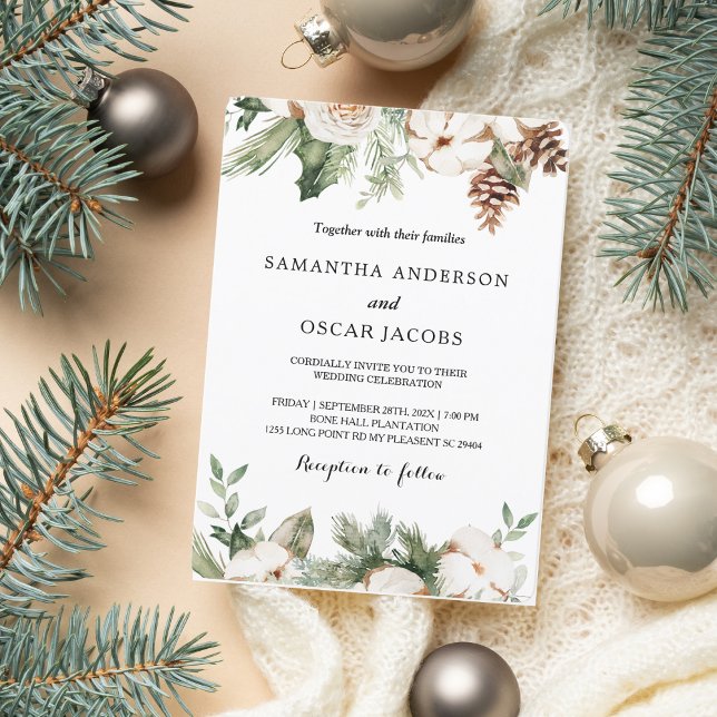 Invitation Aquarelle Arbre Vert Pin et Fleurs Blanches d'Hive (Créateur téléchargé)