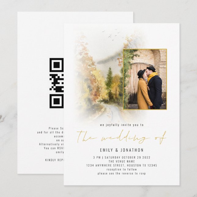 Invitation Aquarelle Arbres d'automne Photo QR Code Gold Mari (Devant / Derrière)
