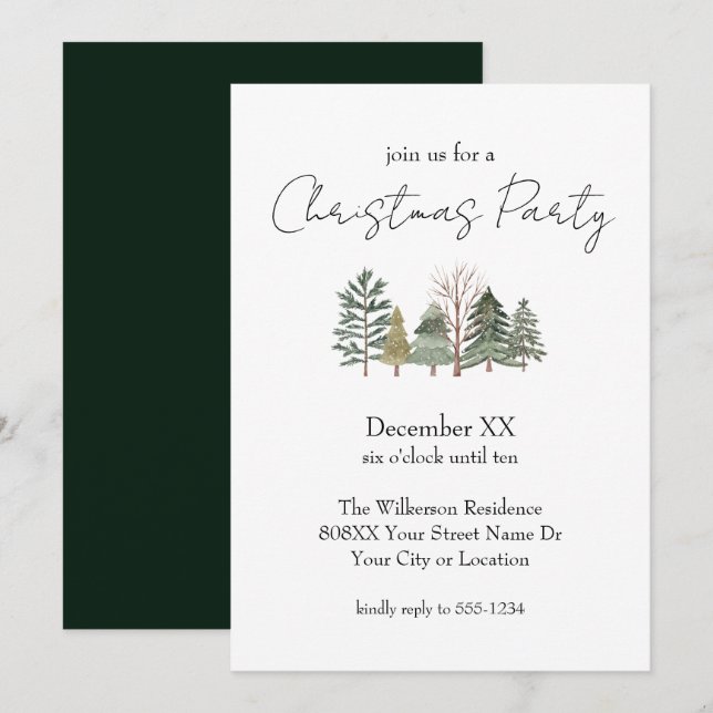 Invitation Aquarelle Arbres & Élégant Script Noël (Devant / Derrière)