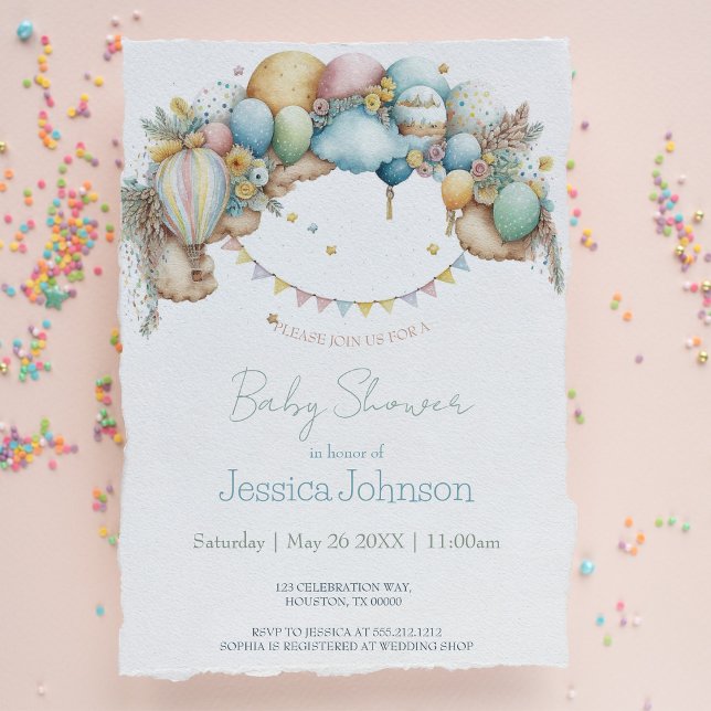 Invitation Aquarelle arc-en-ciel Air Baby shower (Créateur téléchargé)