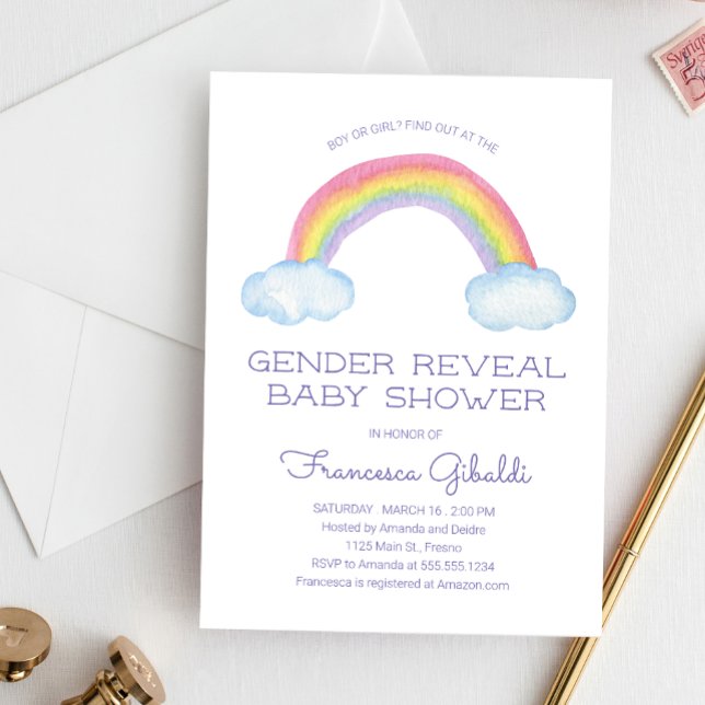 Invitation Aquarelle arc-en-ciel Baby shower de révélation de (Créateur téléchargé)