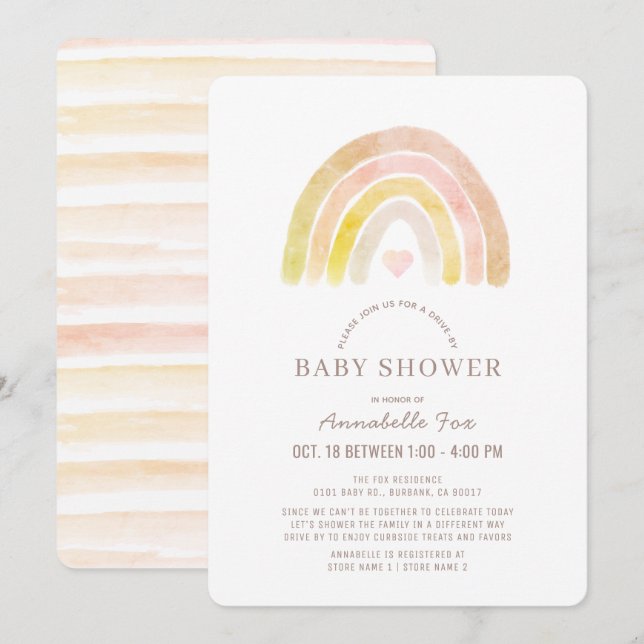 Invitation Aquarelle arc-en-ciel bouillie Baby shower rose (Devant / Derrière)