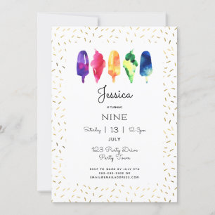 Invitation Aquarelle arc-en-ciel Crème glacée Pop d'or élégan