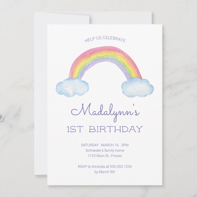 Invitation Aquarelle Arc-en-ciel et Arc-en-ciel Enfants Anniv (Devant)