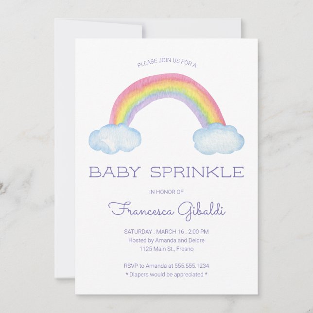 Invitation Aquarelle Arc-en-ciel et gouttes-en-ciel Bébé Spri (Devant)