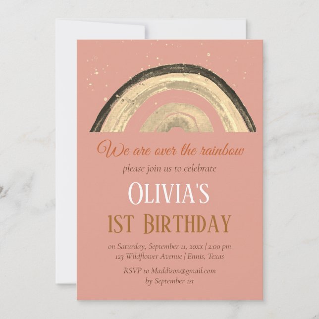Invitation Aquarelle arc-en-ciel Fille premier anniversaire B (Devant)