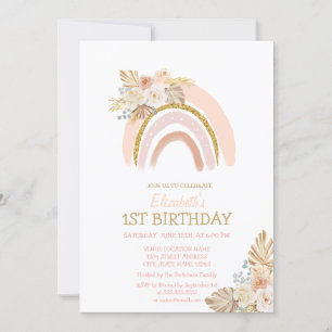 Invitation Aquarelle Arc-en-ciel Fleurs Boho rayées Anniversa