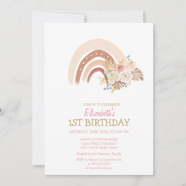 Invitation Aquarelle Arc-en-ciel Fleurs Boho rayées Anniversa (Devant)