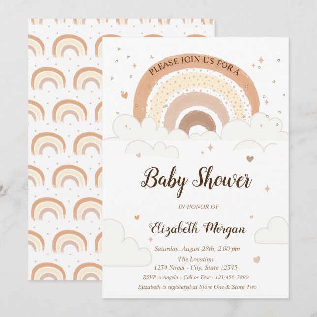 Invitation Aquarelle Arc-en-ciel Nuages Coeurs Baby shower (Devant / Derrière)