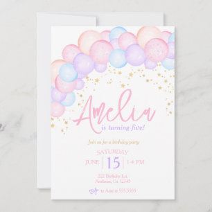 Invitation Aquarelle arc-en-ciel pastel ballon anniversaire