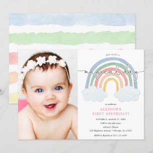Invitation Aquarelle arc-en-ciel pastel fille 1er anniversair