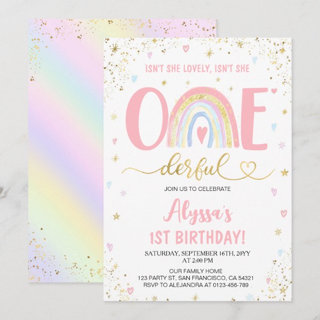 Invitation Aquarelle arc-en-ciel pastel fille 1er fête d'anni (Devant / Derrière)