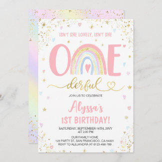 Invitation Aquarelle arc-en-ciel pastel fille 1er fête d'anni