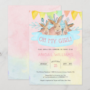 Invitation Aquarelle arc-en-ciel Rabbits Baby shower fille