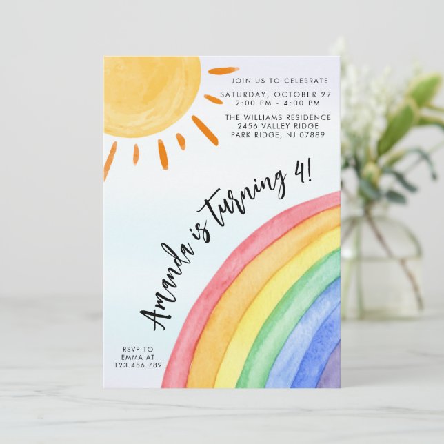 Invitation Aquarelle arc-en-ciel soleil Anniversaire (Debout devant)