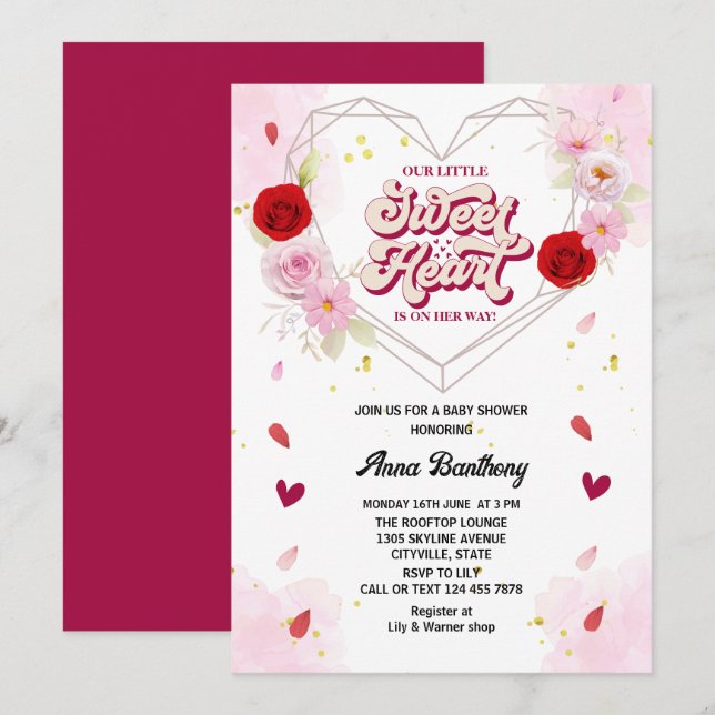 Invitation aquarelle arc floral coeur rose rouge baby shower (Devant / Derrière)