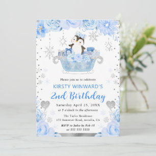 Invitation Aquarelle Arctic Penguin Floral 2e anniversaire