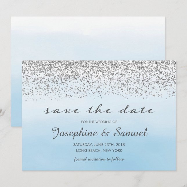 Invitation Aquarelle Argent et Bleu Enregistrer la date (Devant / Derrière)