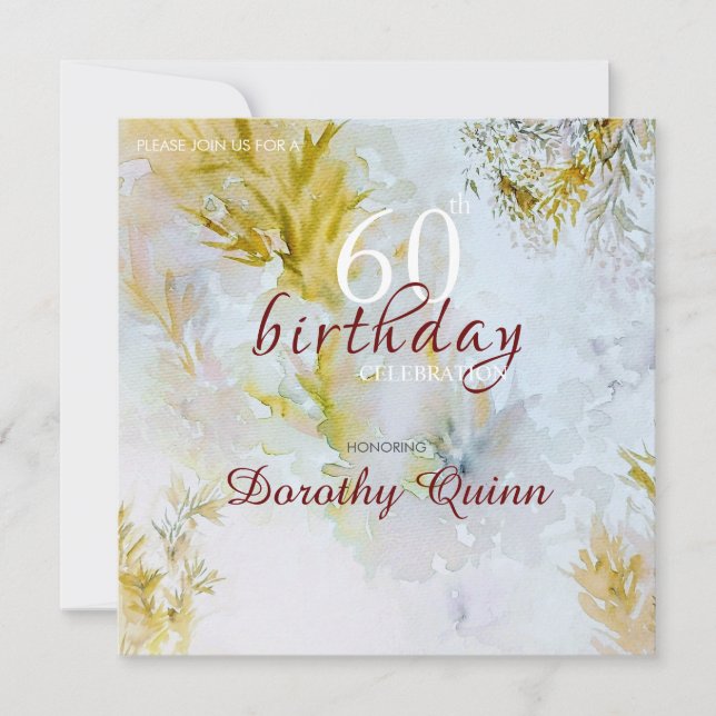 Invitation Aquarelle Argent & Or Feuilles Anniversaire (Devant)