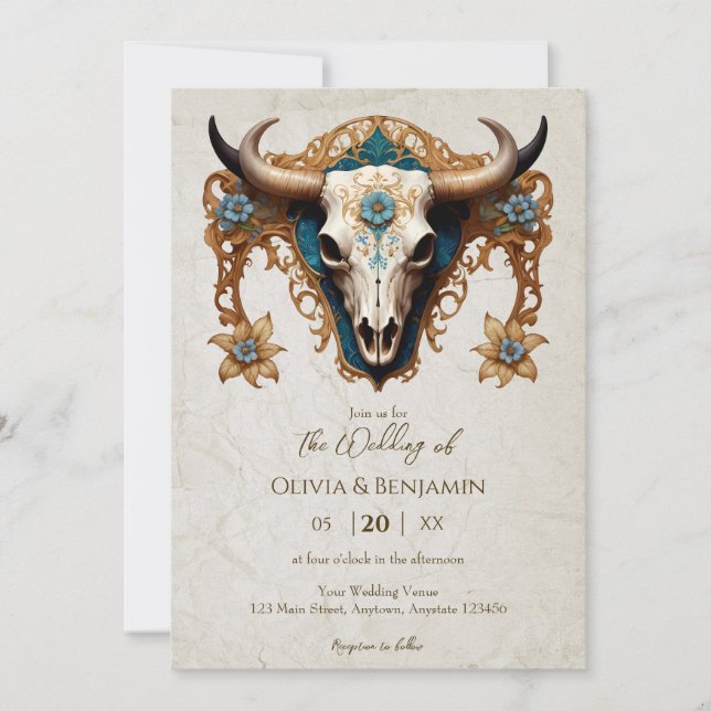 Invitation Aquarelle Art nouveau Floral Vache Crâne Mariage (Devant)