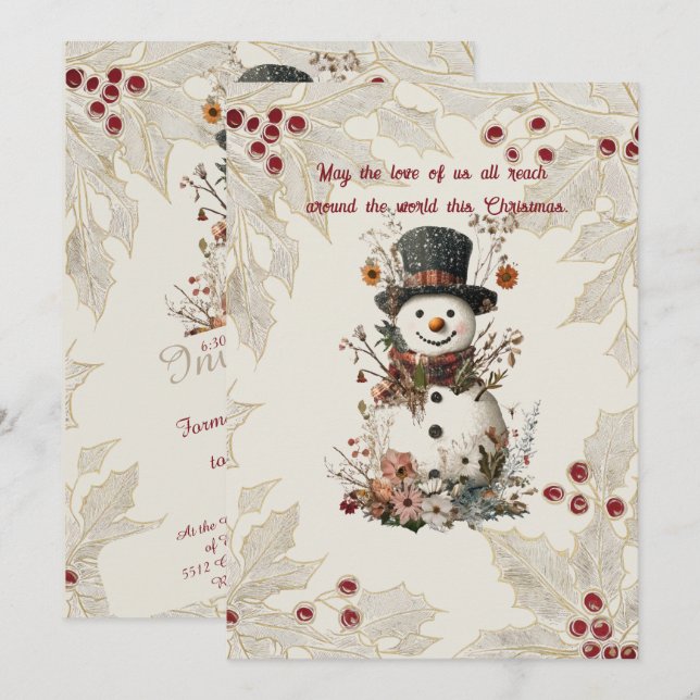 Invitation Aquarelle artistique Snowman Beige Floral (Devant / Derrière)