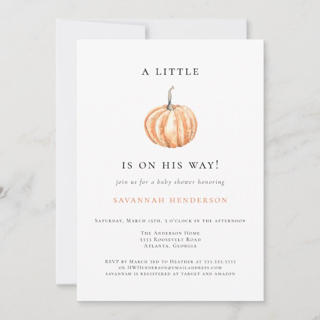 Invitation Aquarelle Automne Baby shower orange petit Citroui (Devant)