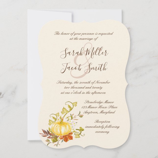 Invitation Aquarelle Automne Citrouille et Mariage Feuille (Devant)
