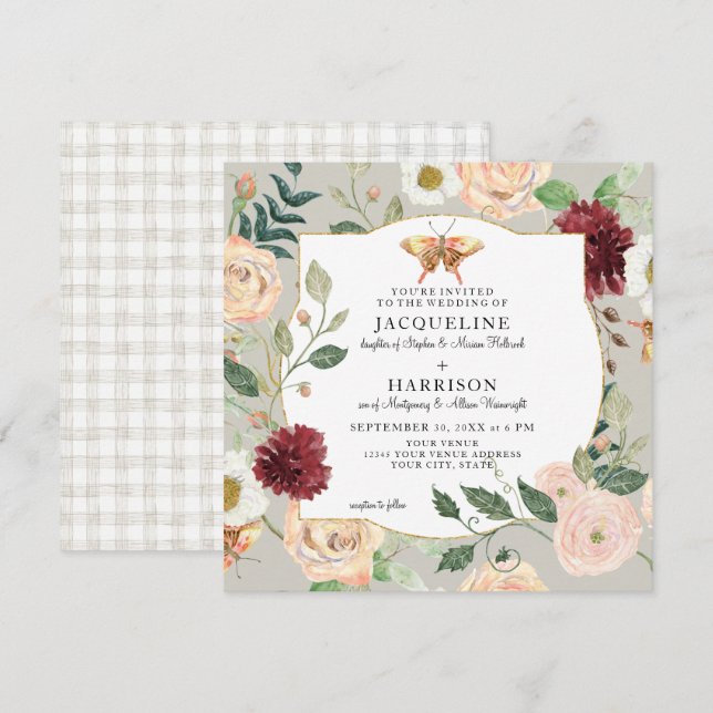 Invitation Aquarelle Automne Corail Floral Rose Papillon (Devant / Derrière)