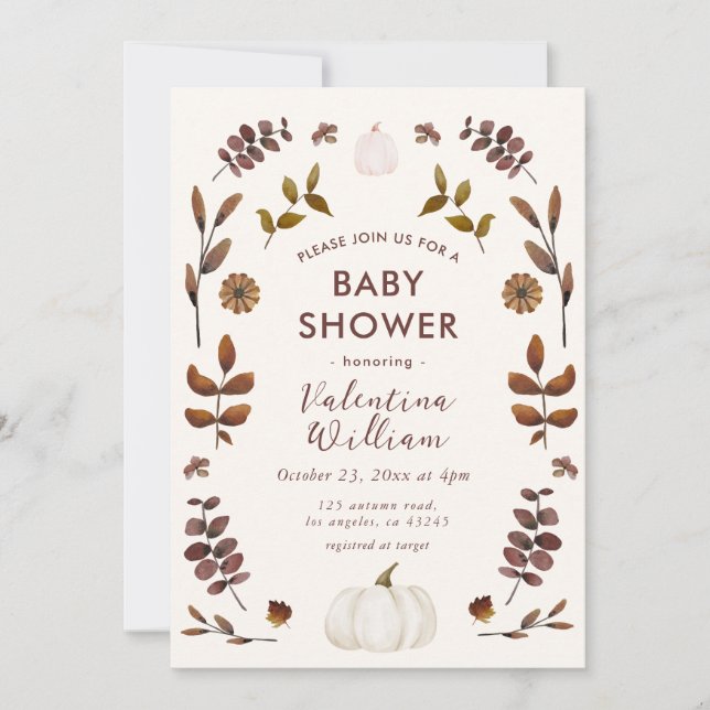 Invitation Aquarelle Automne Feuilles Baby shower Citrouille (Devant)