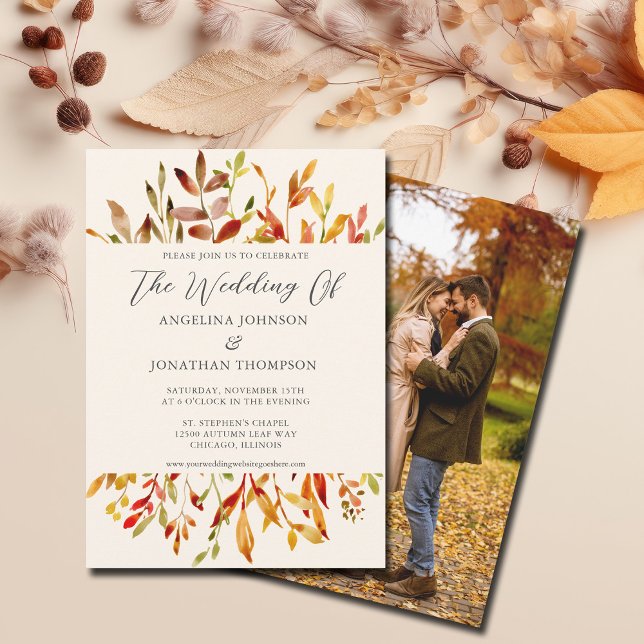 Invitation Aquarelle Automne Feuilles Photo Retour Mariage de (Créateur téléchargé)