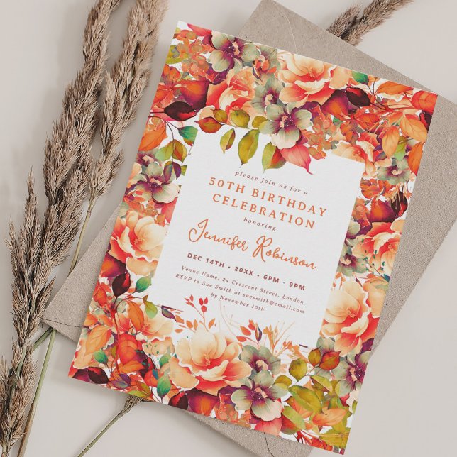 Invitation Aquarelle Automne Floral Automne 50e fête d'annive (Watercolor Fall Autumn Floral 50th Birthday Party Invitation)