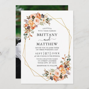 Invitation Aquarelle Automne Floral Geo Frame Photo Mariage