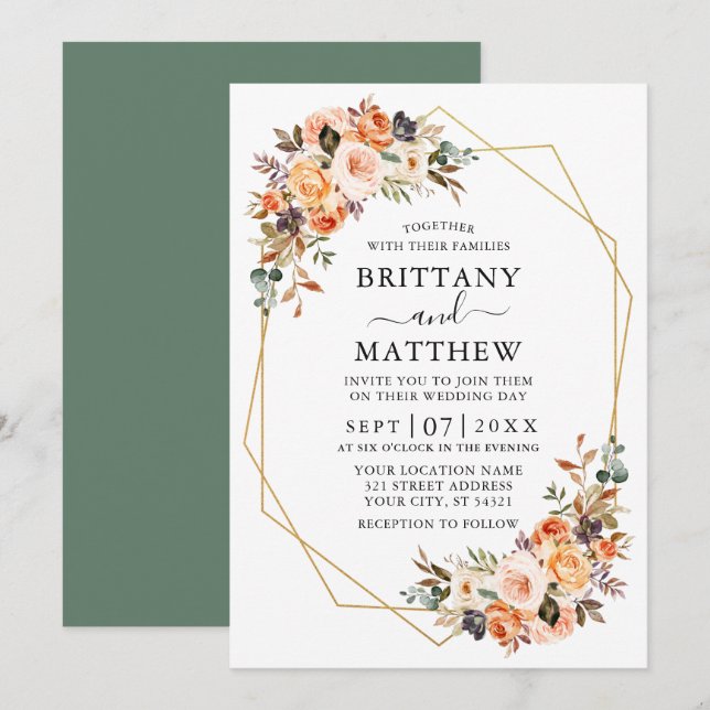 Invitation Aquarelle Automne Floral Geo Mariage Sage Green (Devant / Derrière)