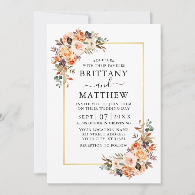 Invitation Aquarelle Automne Floral Gold Frame Mariage (Devant)