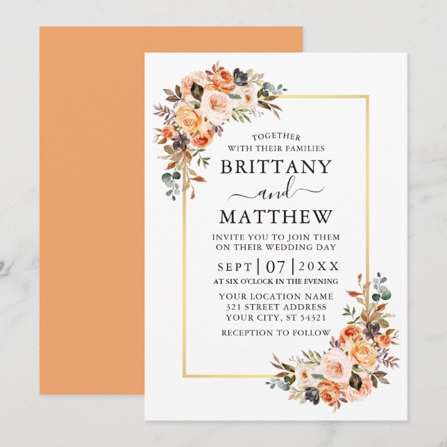 Invitation Aquarelle Automne Floral Gold Frame Mariage Peach (Devant / Derrière)