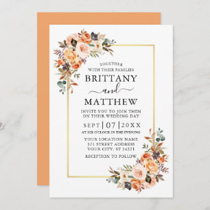 Invitation Aquarelle Automne Floral Gold Frame Mariage Peach
