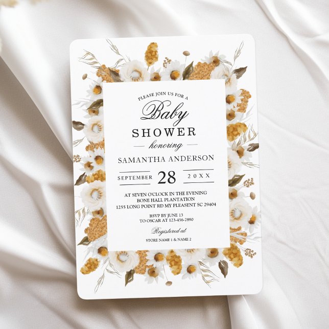 Invitation Aquarelle Automne Jaune & Blanc Cadre Floral (Créateur téléchargé)