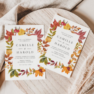 Invitation Aquarelle Automne laisse cadre QR Code Mariage
