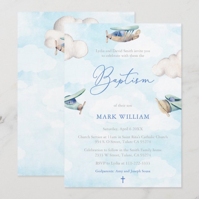 Invitation Aquarelle Avions Ciel Nuages Garçon Baptême Party (Devant / Derrière)