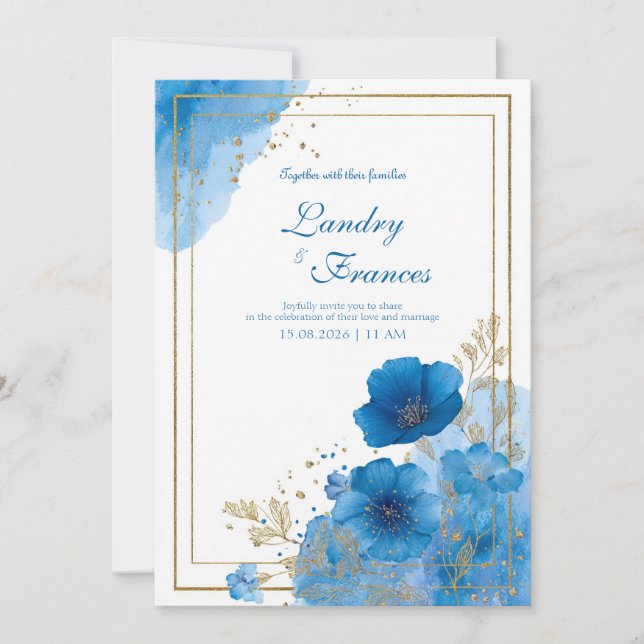 Invitation Aquarelle Azure Blue Floral & Gold Frame Mariage (Devant)