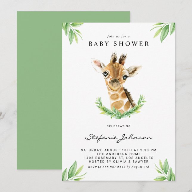 Invitation Aquarelle Baby Giraffe Baby shower de verdure (Devant / Derrière)